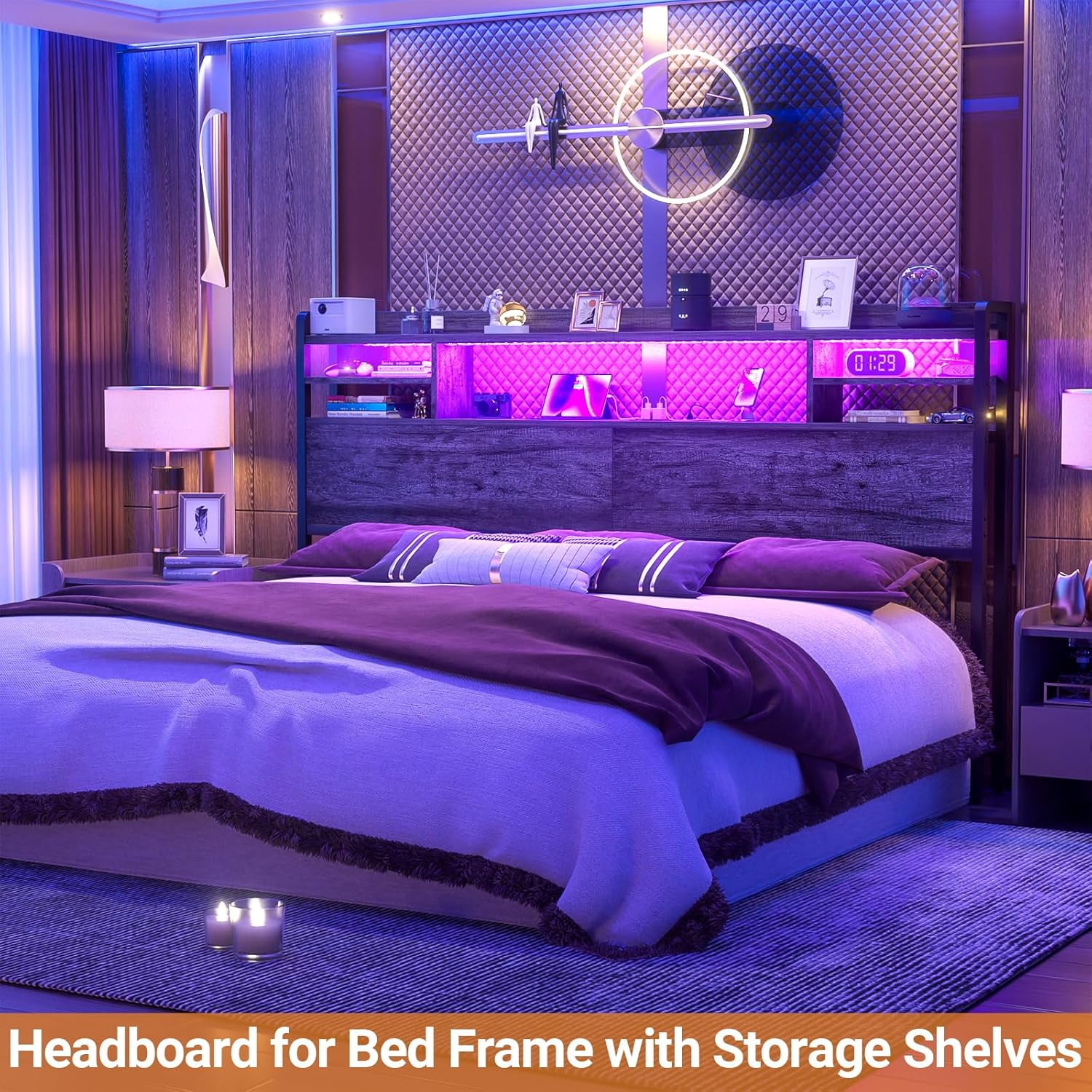 iSunirm Headboard for King Size Bed with Bookcase Storage, King Headboards with LED Light and Power Outlets, Modern King Size Head Board, for King Size Bed, 77.2'' Width, Black Oak