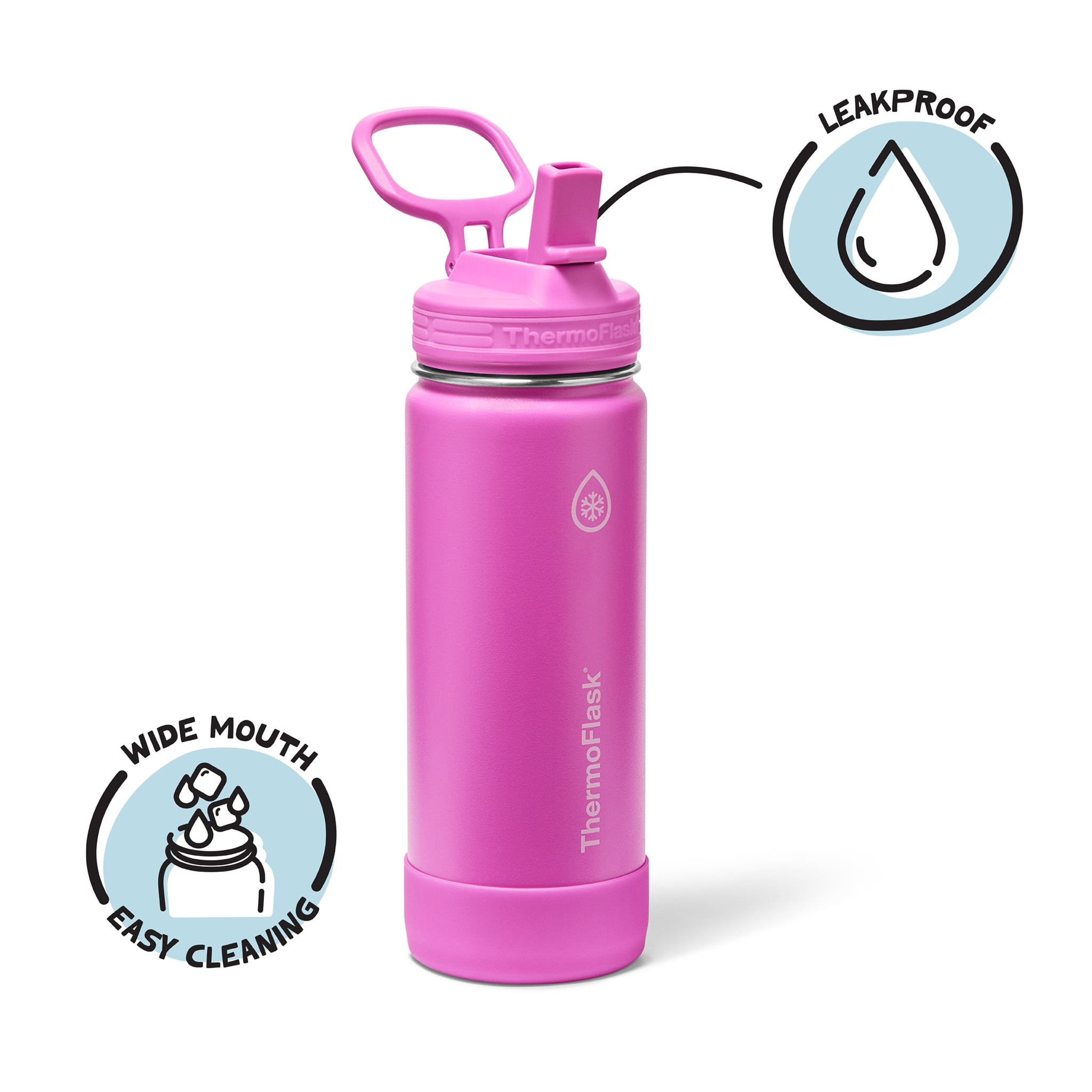 ThermoFlask 18 oz Kids Glow-In-The-Dark Insulated Stainless Steel Water Bottle, Leakproof Straw Lid, Fuschia