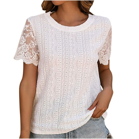Kovlvoll Short Sleeve Tops for Women Lace Patchwork Crewneck Solid Color Summer Loose Fitting Eyelet Shirts