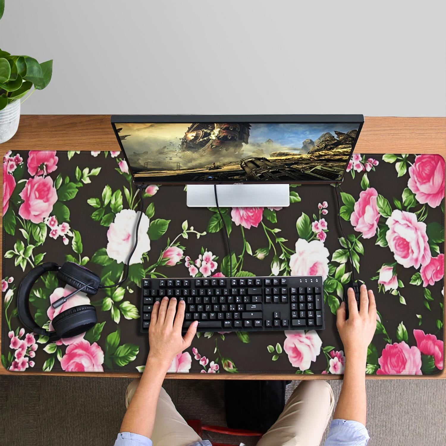Long Mouse Pads for Desk,Pioneer Flower Floral Print Pattern Desk Mats on Top Of Desks, Desk Mouse Pad Extra Large with 3mm Non-Slip Base and Stitched Edge for Gaming,Office,Work,Home 47.3"x23.6"