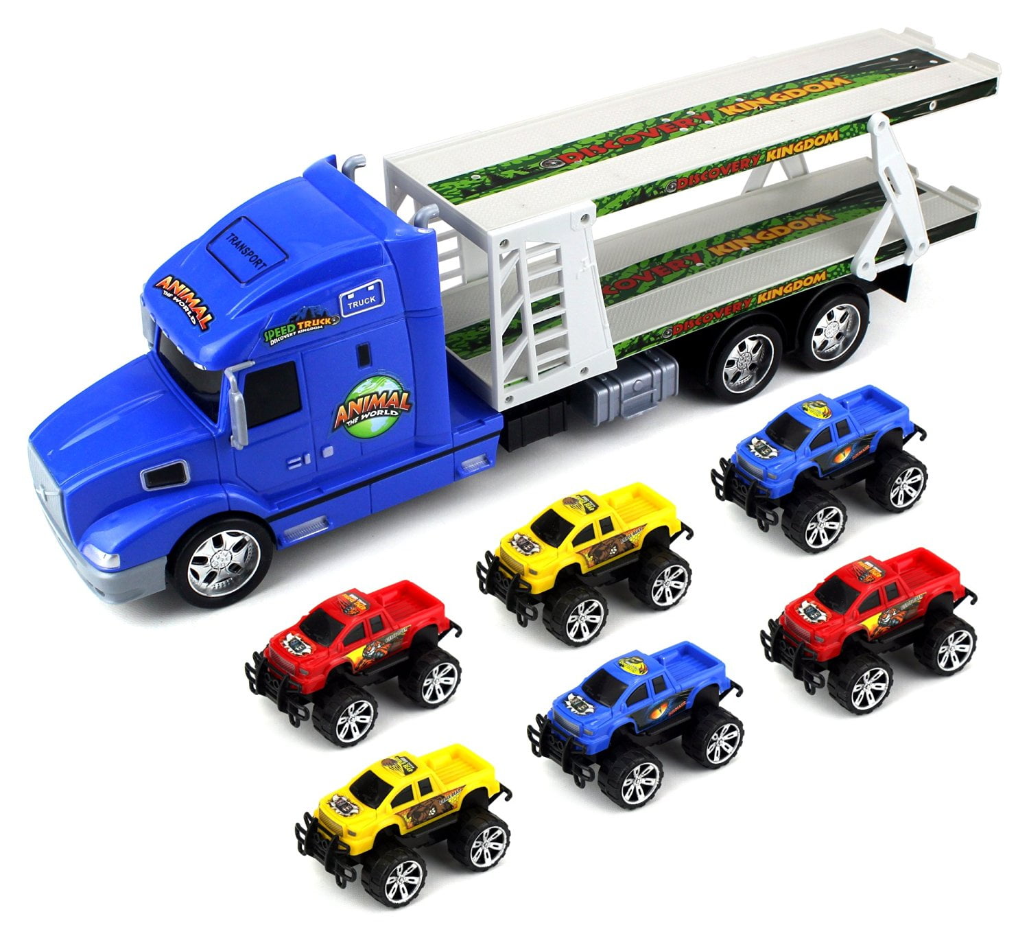Animal World Truck Trailer Children's Friction Toy Transporter Truck Ready To Run 1:24 Scale w/ 6 Toy Trucks (Colors May Vary) Animal World Truck Trailer Children's Friction Toy Transporter Truck Ready To Run 1:24 Scale w/ 6 Toy Trucks (Colors May Vary)