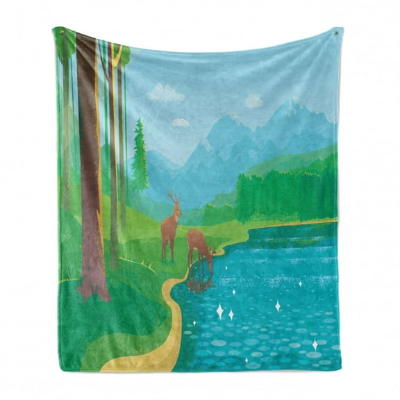 Landscape Soft Flannel Fleece Throw Blanket, Summer Scenery of Deer Drinking Water from the Lake Peaceful Mountain Valley, Cozy Plush for Indoor and Outdoor Use, 70" x 90", Multicolor, by Ambesonne