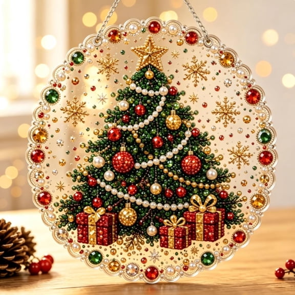 Christmas Pearl Diamond Art Hanging Ornament Kit, Christmas Pearls Beads Art Craft, Diamond Arts Window Suncatchers, DIY ChristmasSanta Pearls Bead Painting Kit for Home Wall Decor(E)