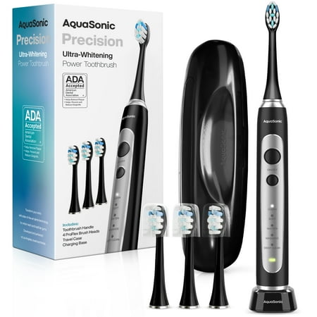 AquaSonic Precision Ultra-Whitening Rechargeable Electric Toothbrush, 5 Modes, 30-Day Battery, Travel Case + 4 ProFlex Brush Heads - Black