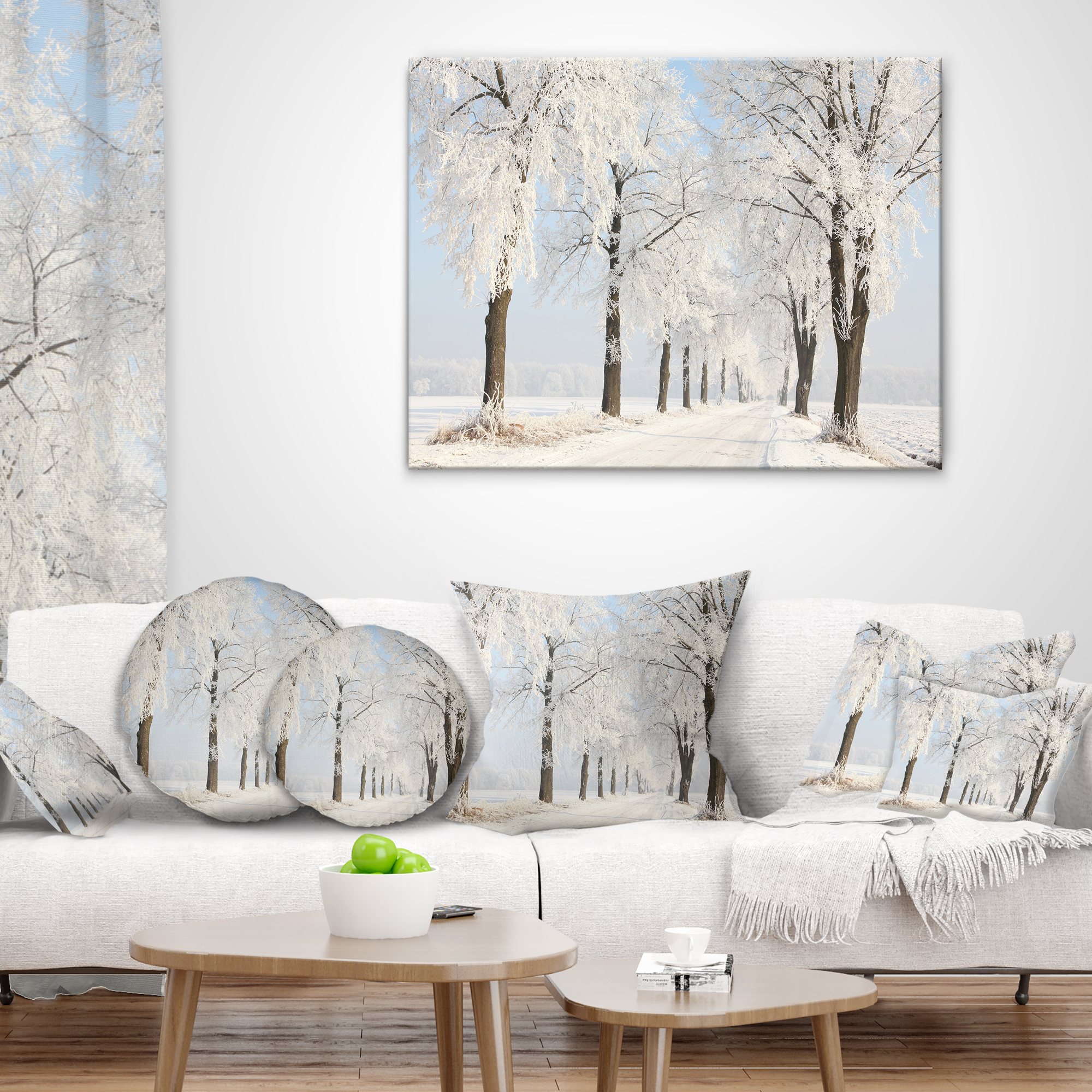 Designart Winter Lane on Sunny Morning - Forest Throw Pillow - 18x18