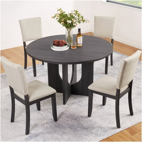 Modern 5-Piece Round Dining Table Set with Upholstered Chairs, Antique Black and Beige Kitchen Dining Room Set for 4