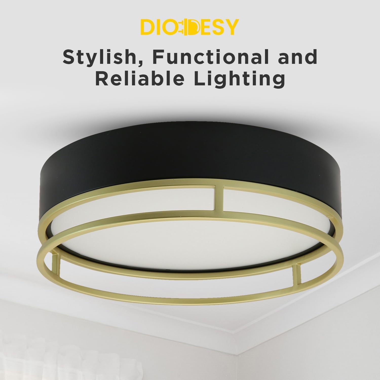LED Ceiling Light Fixture Interior, Overhead Flush Mount Ceiling Light Black and Gold, Kitchen Light Fixtures 13 inch 20W, Close to Ceiling Light Fixture for Bathroom, Living Room, Hallway