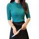 thumbnail image 1 of Suéter de punto ajustado y elástico para mujer, cuello redondo, mangas hasta el codo, blusa básica, 1 of 3
