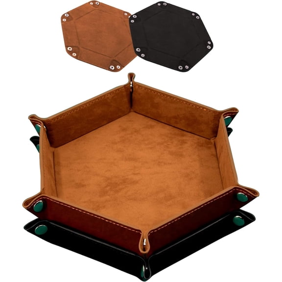 2-Piece Dice Tray - PU Leather Folding Hexagon Dice Holder for RPG, DND and Other Table Games (Camel and Black)
