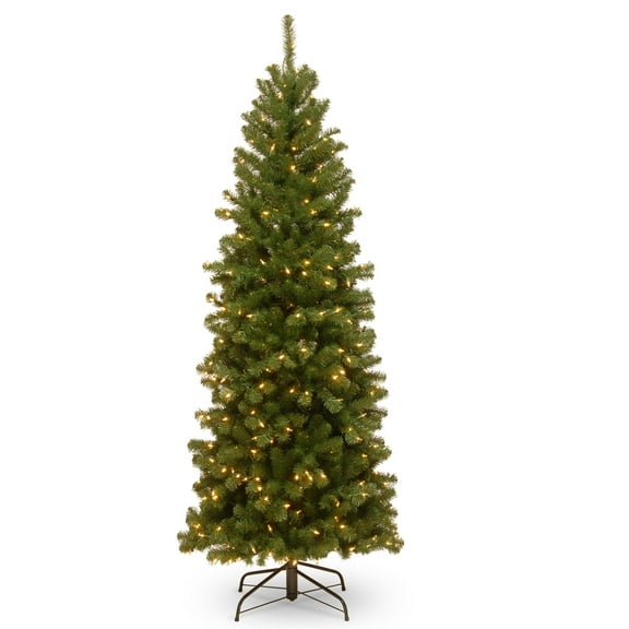 National Tree Company Pre-Lit Artificial Slim Christmas Tree, Green, North Valley® Spruce, Clear Lights, Includes Stand, 6 Feet