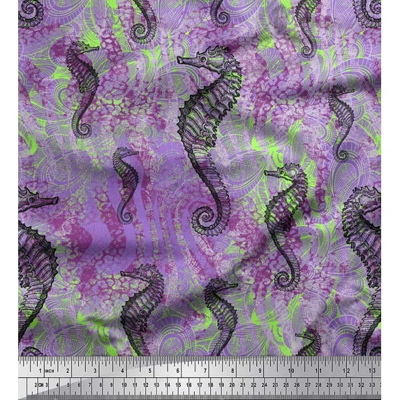 Soimoi Polyester Crepe Fabric Texture & Sea Horse Ocean Decor Fabric Printed Yard 42 Inch Wide