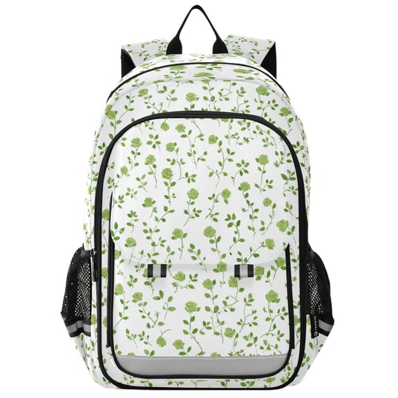 School Backpack for Teens 17L Lightweight Bookbag with Reflective Strips Small Green Rose Pattern