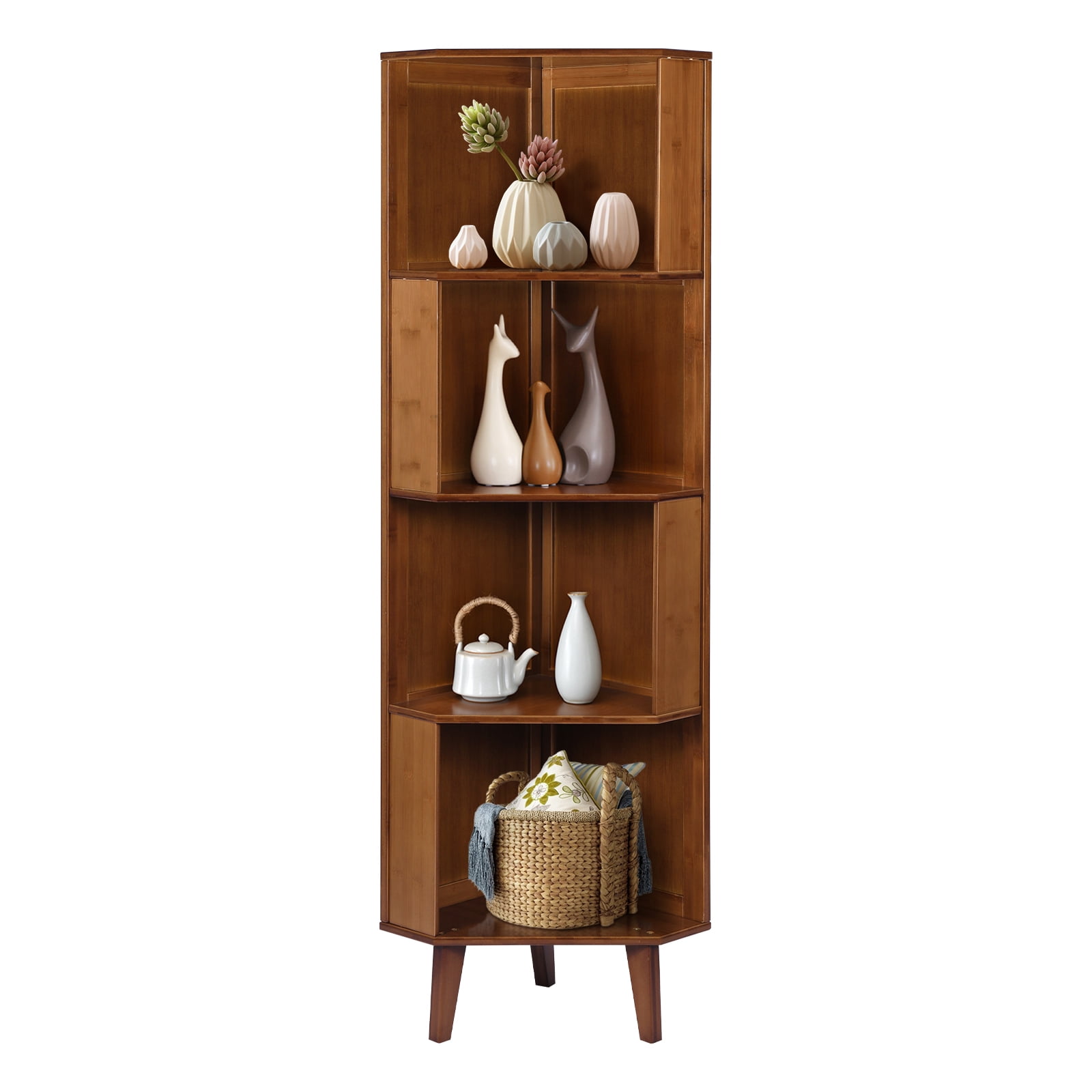 4 Tier Bamboo Corner Shelf 58” Heavy Duty Bookcase Display Rack Multipurpose Storage Organizer