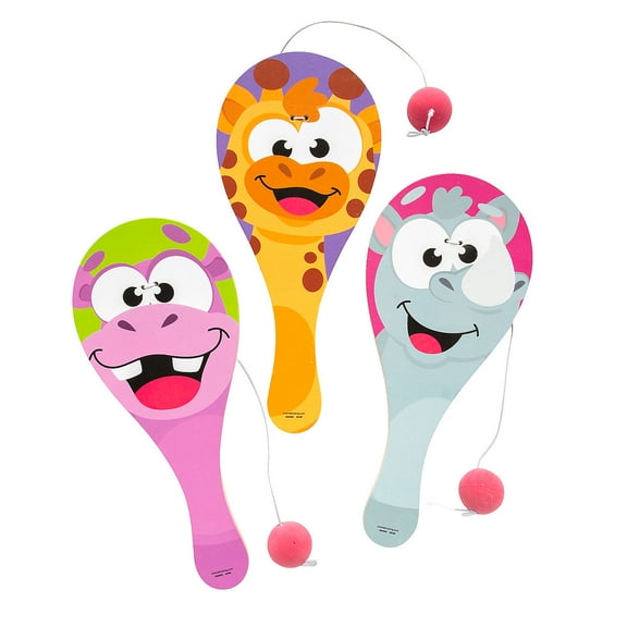 4" x 9" Big Eye Wacky Zoo Animal Paddleball Games - 12 Pieces