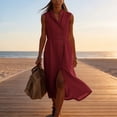 thumbnail image 5 of LNWUY Linen Dresses for Women Fashion Summer Sleeveless Button Down Maxi Sundresses Casual V Neck Pocket Dress Red XL, 5 of 6