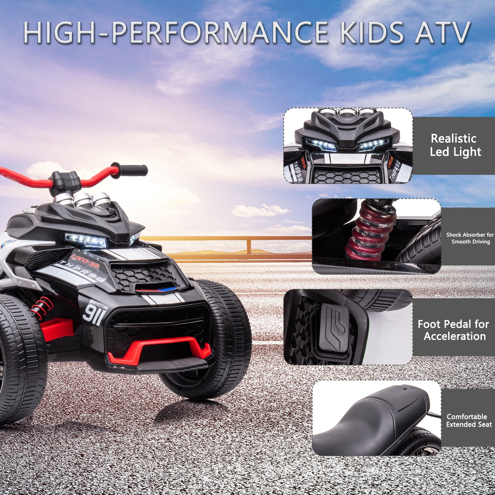 LUIBAS 24V Kids ATV Ride On Motorcycle Electric 3 Wheeler Ride-On Electric ATV Kids Ride On Toys for Kids with Battery Powered Motor, EVA Wheels, w/LED Lights, Bluetooth, MP3 for 3+ Years, Black
