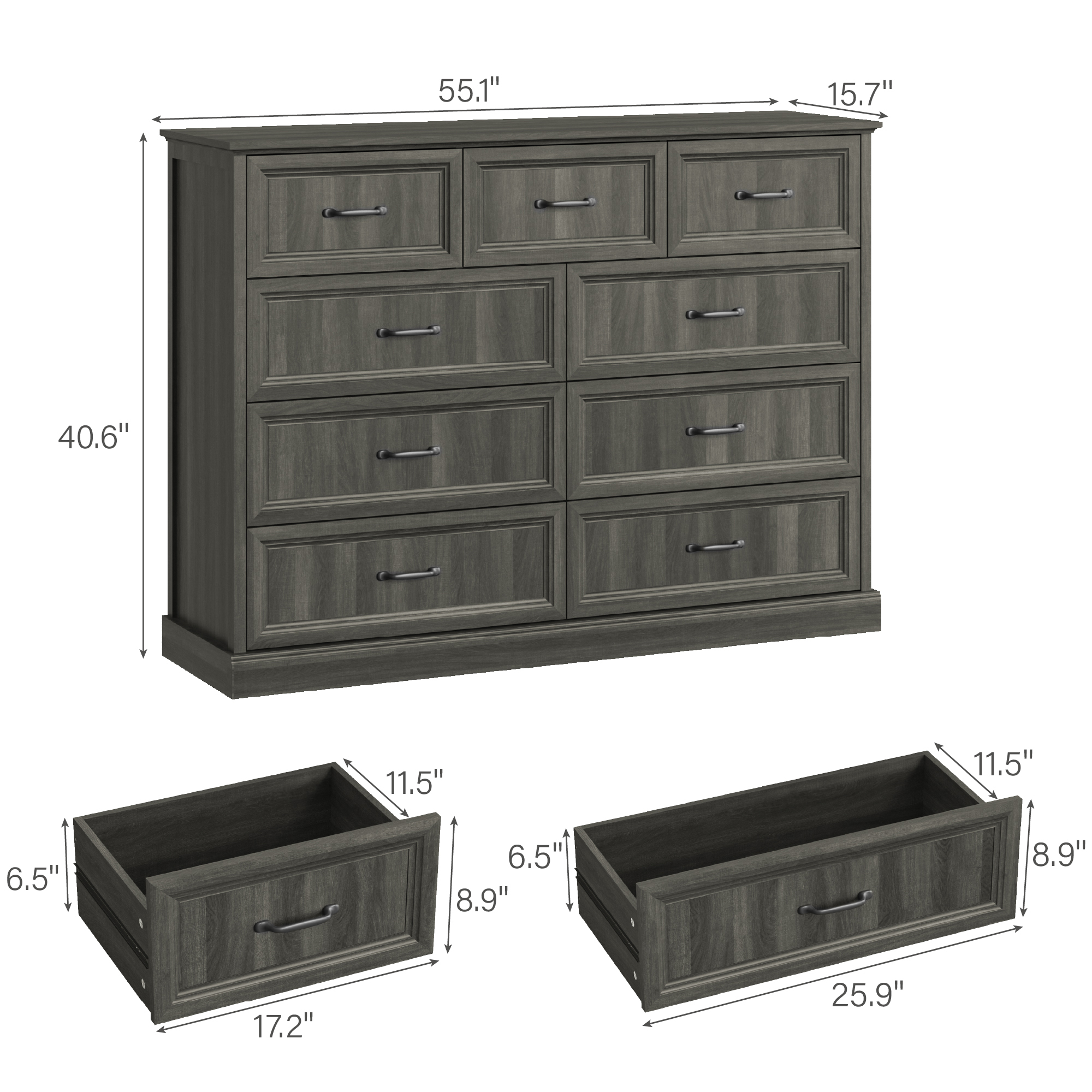 YouTrend Rustic 9-Drawer Wood Dresser, Large Storage Chest Organizer with Metal Handles for Bedroom, Living Room, Farmhouse Style Furniture,Gray
