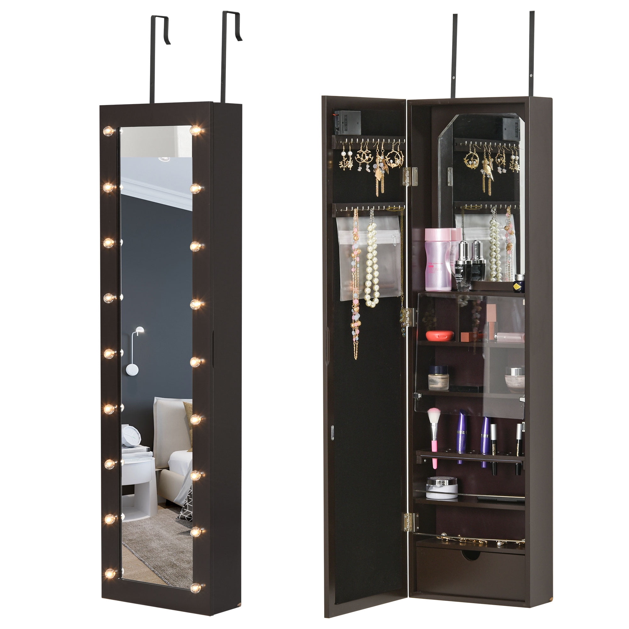 Homcom Jewelry Armoire With Mirror And 18 Led Lights Wall Mounted Over The Door Cabinet With 3 Mountable Heights Walmart Com Walmart Com