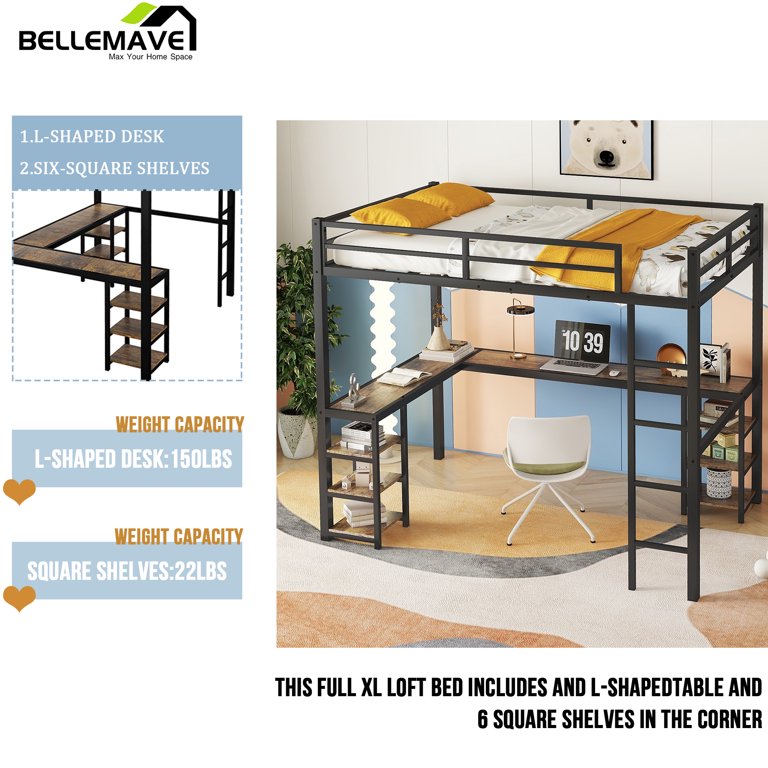 Giantex Twin Loft Bed With L-Shaped Desk & LED Lights - Metal Bed Frame For Teens/Adults, Charging Station, Shelves