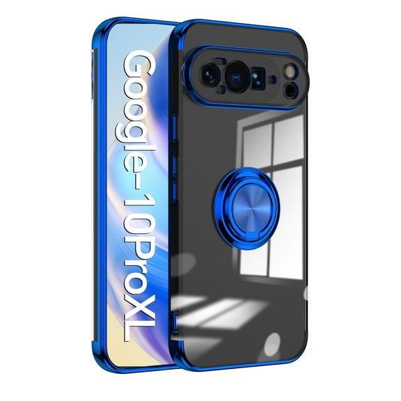 ELEHOLD for Google Pixel 10 Pro XL Plating Clear Case,Transparent Case with Ring Holder Kickstand Work with Magnetic Car Mount Shockproof Protective Phone Case for Google Pixel 10 Pro XL, Blue