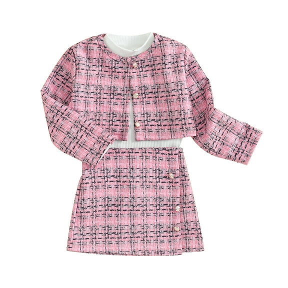 Girls Skirt Outfits Solid Color Ribbed Tops Plaid Button Coat and Mini Skirt Set 3 Piece Autumn Clothes for Party