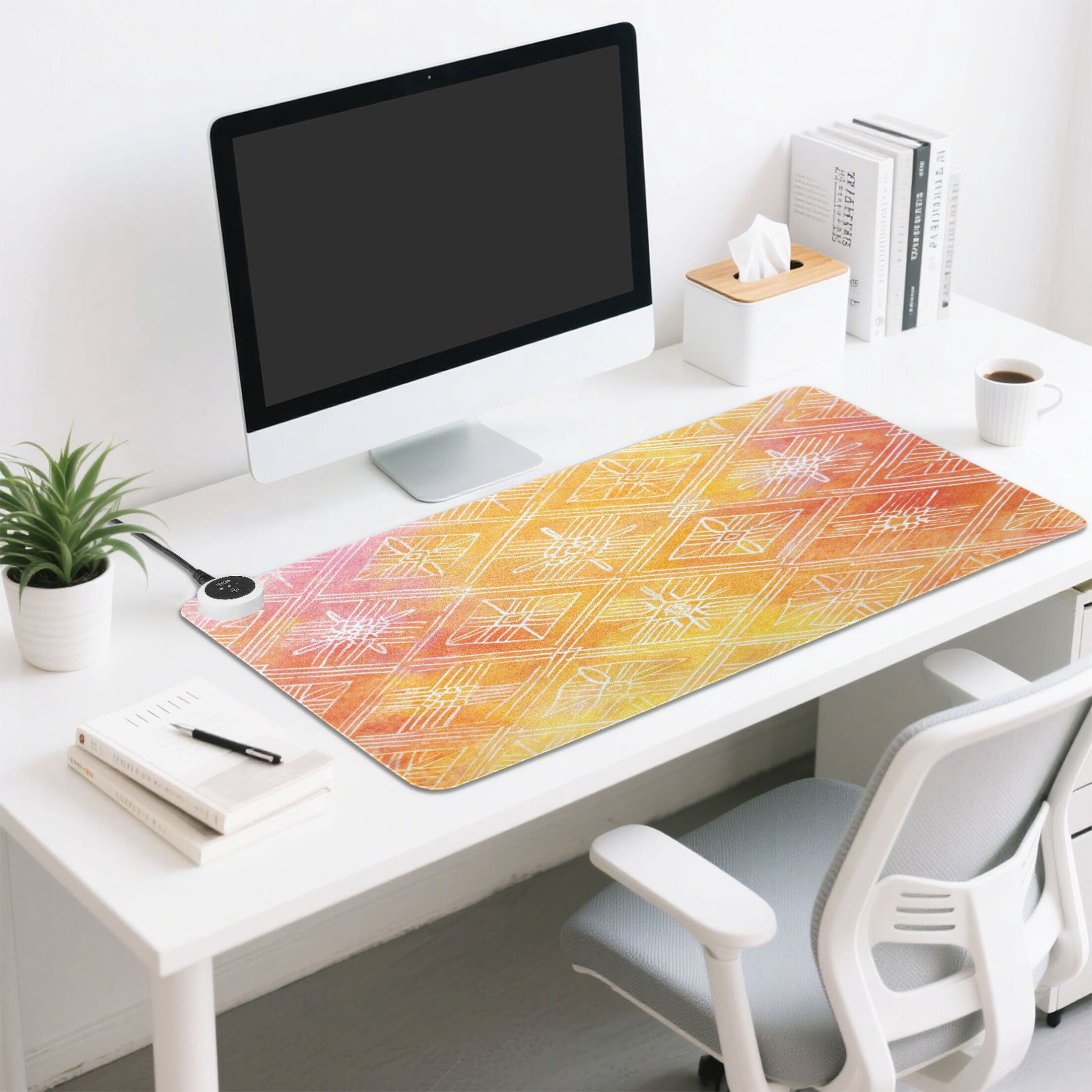 Large Heated Desk Mat Mouse Pad 31.5"x13"PU Leather Graphene Heating Desk Warmer with 3 Temperature Settings 110V US Plug Non-Slip Warm Pad for Home, Office, and Gaming Orange Watercolor Batik Print