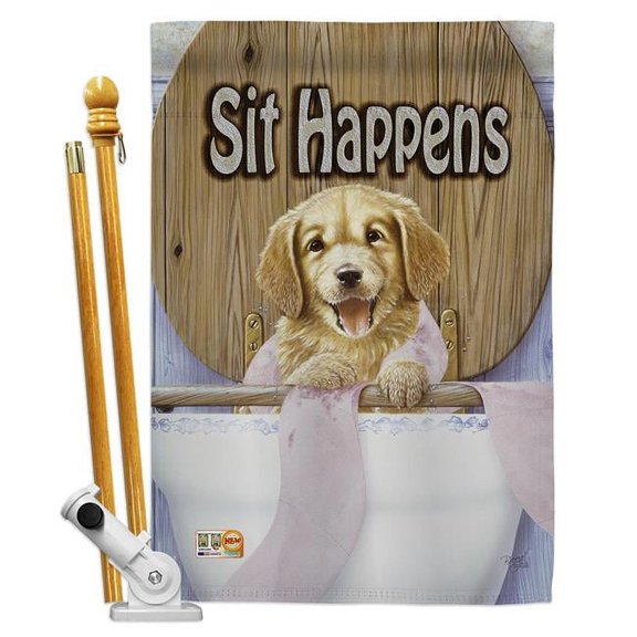 Breeze Decor BD-PT-HS-110008-IP-BO-D-US15-AL 28 x 40 in. Vertical Sit Happens Nature Pets Impressions Decorative Double Sided House Flag Set with Pole & Bracket Hardware
