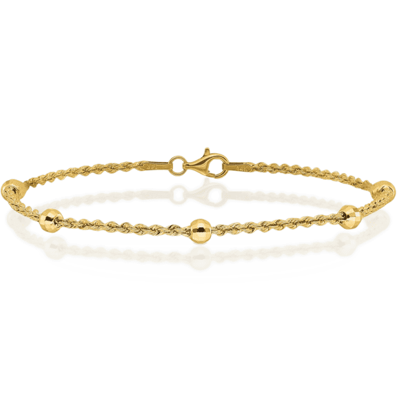 14K Solid Yellow Gold Beaded Ball Rope Chain Bracelet