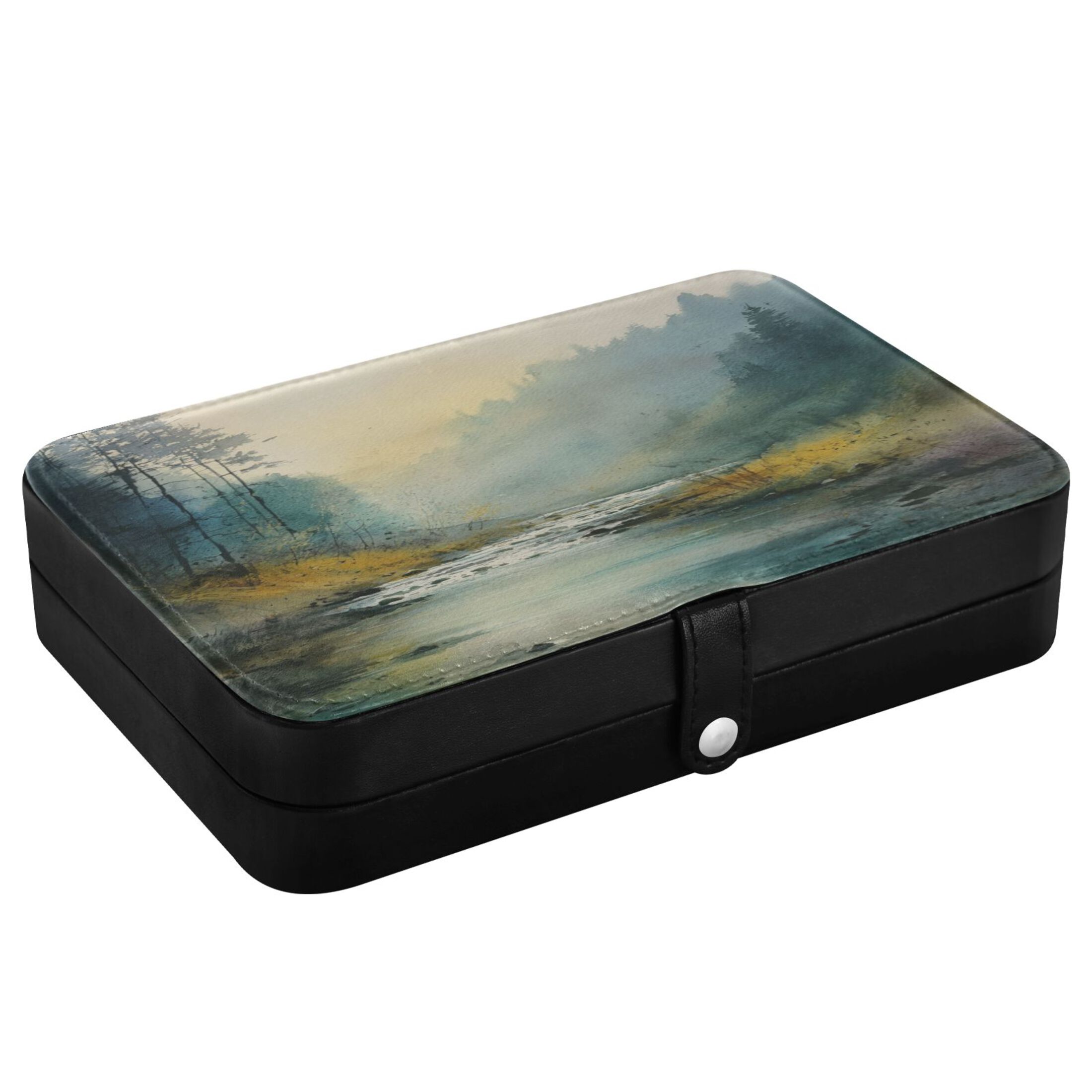 Leather Jewelry Box Rectangular 8.27x5.5x1.78In Travel Jewelry Storage Earrings Necklace Bracelet Watch Brooch Storage Beautiful Watercolor Forest
