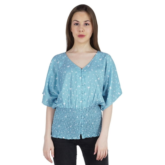 Moomaya Printed Batwing Tops For Women V-Neck Summer Casual Blouse Fashion Tunic
