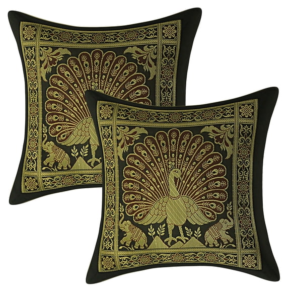 Stylo Culture Ethnic Living Room Brocade Black And Gold Throw Pillow Covers 12x12 Jacquard Weave Banarsi Indian Decorative Pillows Dancing Peacock Floral 30x30 cm Cushion Covers (Set Of 2)