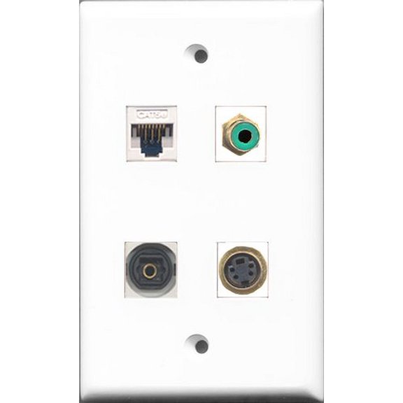 RiteAV 1 Port RCA Green and 1 Port S-Video and 1 Port Toslink and 1 Port Cat5e Ethernet White Wall Plate