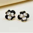 thumbnail image 2 of Clip on 1" gold, black and white flower earrings w/clear stone, 2 of 4