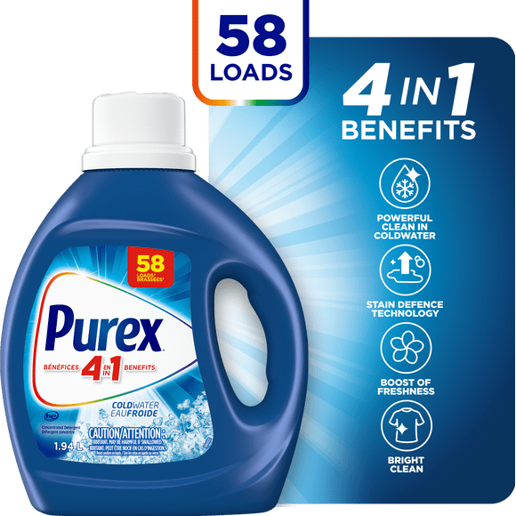 Purex Cold Water, Concentrated Liquid Laundry Detergent with 4in1 benefits, Tough on Stains, Brightens and Whitens Clothes, 1.94, 58 Wash Loads, HE Compatible, 1 bottle