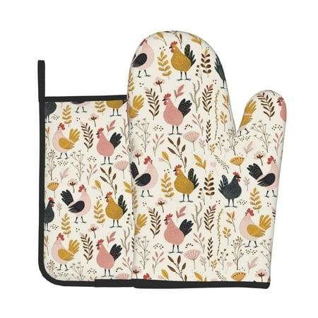 

Junzan Cartoon Chickens Pattern Oven Mitts and Pot Holders 2 pcs Set Potholders BBQ Gloves Long Kitchen Oven Glove for Cooking Baking Grilling (2-Piece Set 11 Inch)