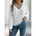 thumbnail image 3 of Women'S Long Sleeve V Neck Cable Knit Sweater 2025 Fall Pullover Top Cute Soft Dressy Casual Outfits White L, 3 of 8