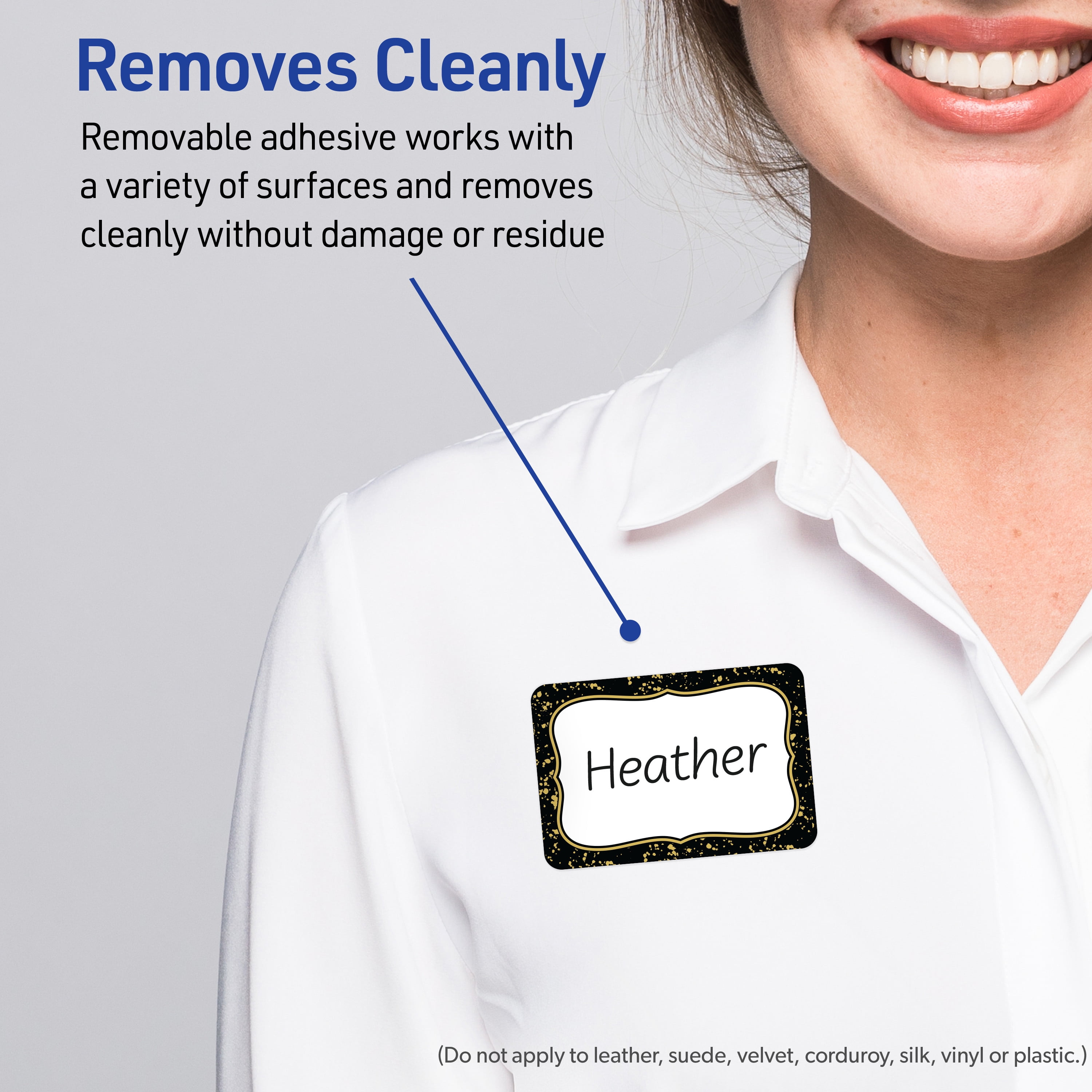Avery Adhesive Name Tags, Matte White, Black/Gold Specs
