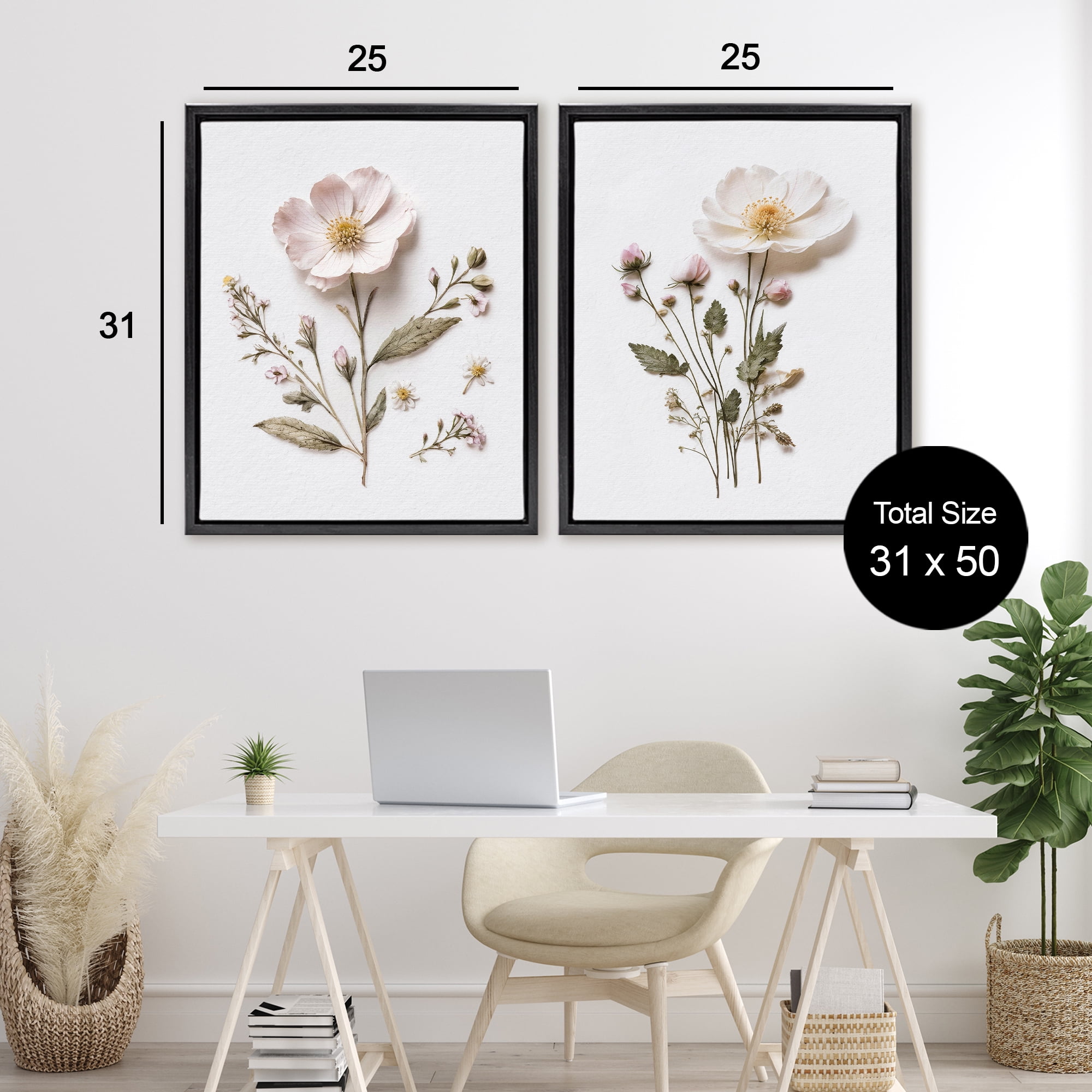 Minimal Pressed Flowers 2 Piece Black Framed Floater Canvas Set, design by Lettered and Lined