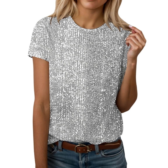 Arlun Mardi Gras Sparkle Crewneck Shorts T-Shirts for Women Carnival Party Night Fashion Sequin Tops Casual Dressy Loose Fit Comfortable Glitter Tee Blouses 2026 White XL