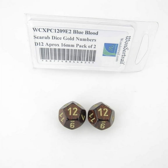 Blue Blood Scarab Dice with Gold Numbers D12 Aprox 16mm (5/8in) Pack of 2 Wondertrail