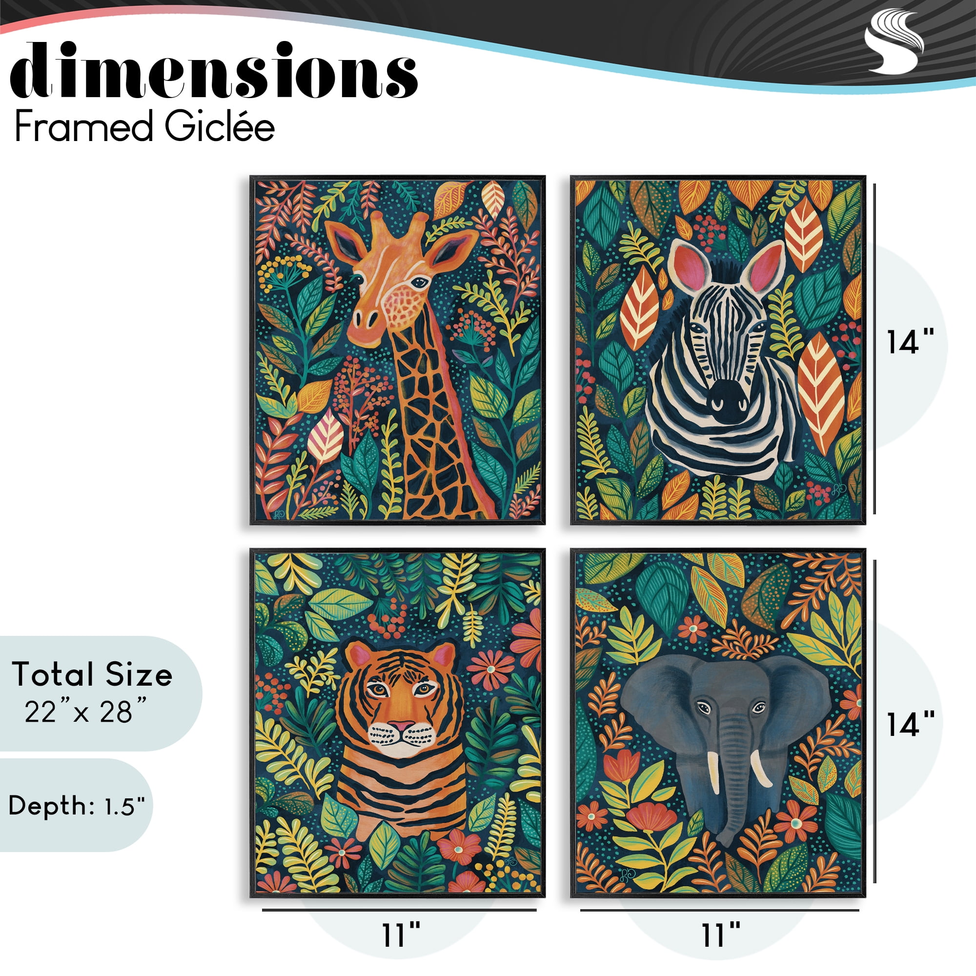 Stupell Industries Jungle Leaf Pattern Animals 4 Piece Black Framed Giclee Art Set, design by Lisa R Dumm