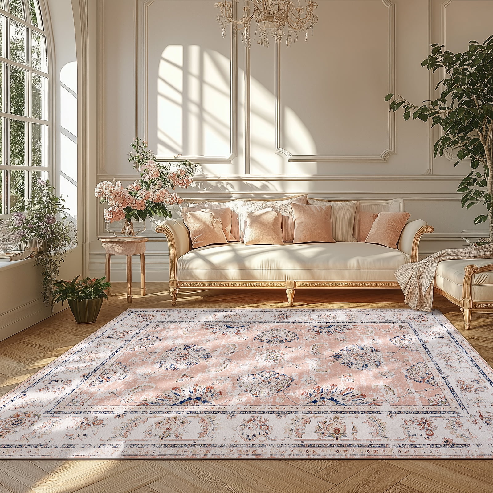 RUGKING Area Rug 5x7 Pink Foldable Oriental Rug Vintage Traditional Carpet Distressed Christmas Rugs for Living Room Bedroom Dining room