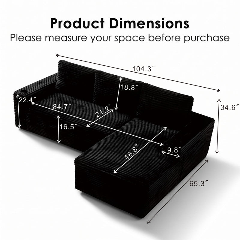 Anpport 104" Boneless Cloud Modular Sectional Couch, Corduroy Sofa with Cup Holders, Side Pockets, Deep Seat, No Assembly Required for Living Room, Black (R‑Shaped, Right Facing Chaise)