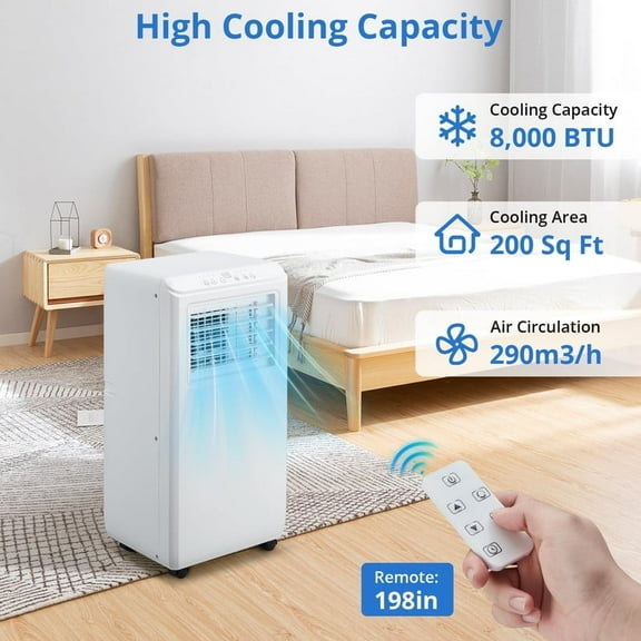 8000 BTU Portable Air Conditioner - 3-In-1 for 350 Sq.Ft Spaces | Dehumidifier, Ultra Quiet, Remote/Timer/Auto Swing | Energy Efficient White AC