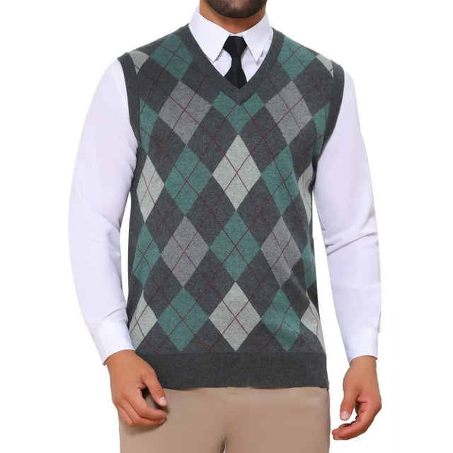 INSPIRE CHIC Chaleco de Suéter Sin Mangas de Cuello en V de Cuadros Argyle para Hombre L Gris Oscuro