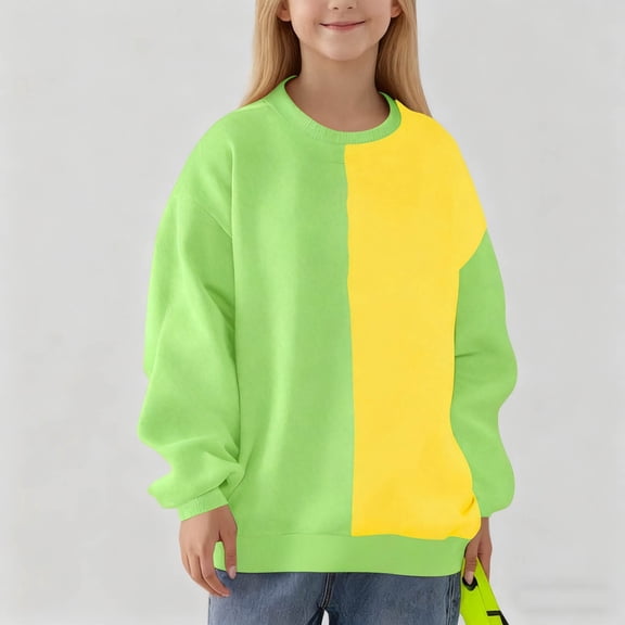 YUNAFFT Kids Fleece Sweatshirt 2-14Y Color Block Print Crewneck Pullover Warm Casual Outerwear