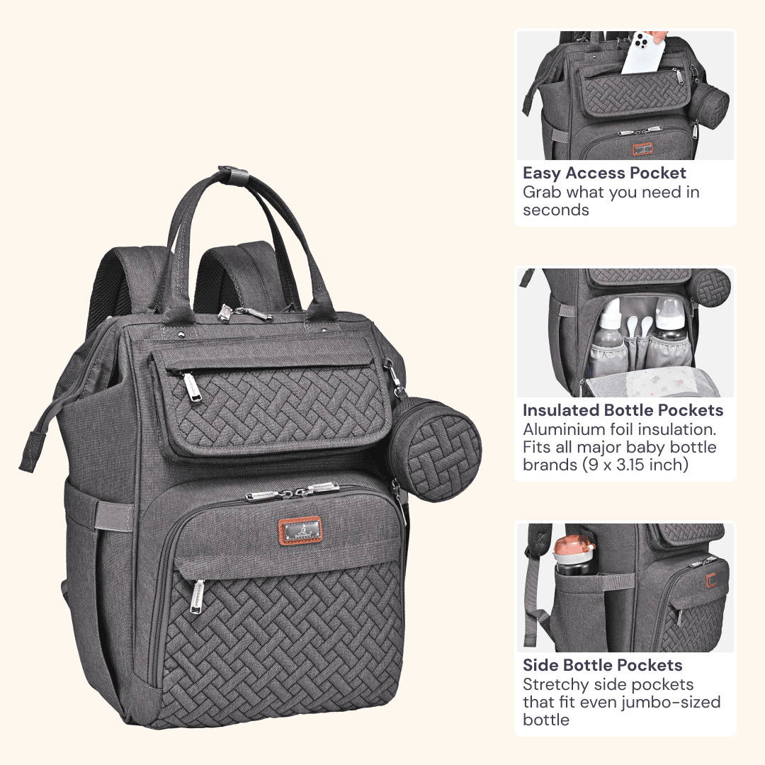 BabbleRoo Widetop Waterproof Diaper Backpack with Insulated Bottle Pockets, Polyesterp- Dark Gray