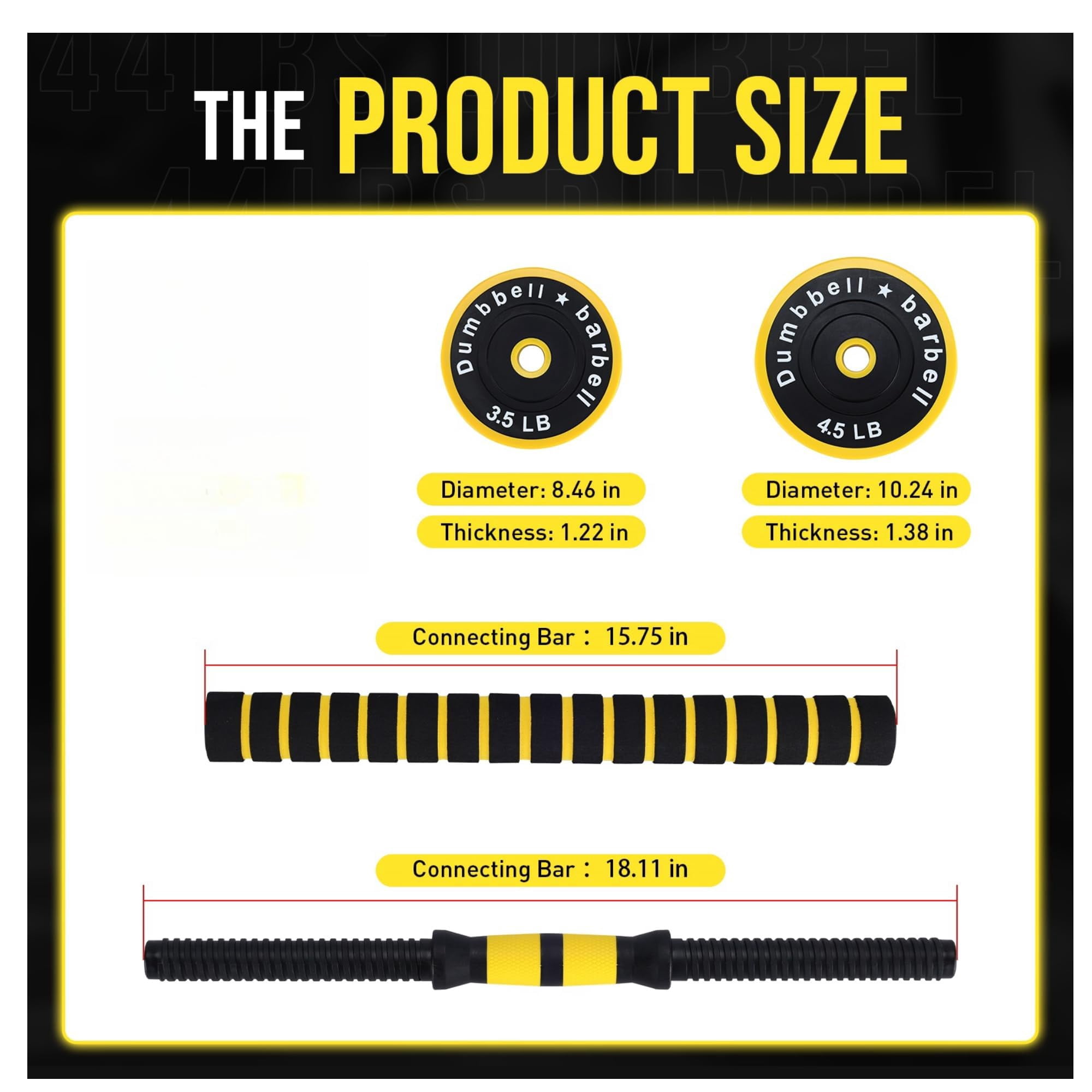 2-IN-1 Adjustable Dumbbell Set for Home Gym, 33 LBS Weight Set for Dumbbell and Barbell, Yellow