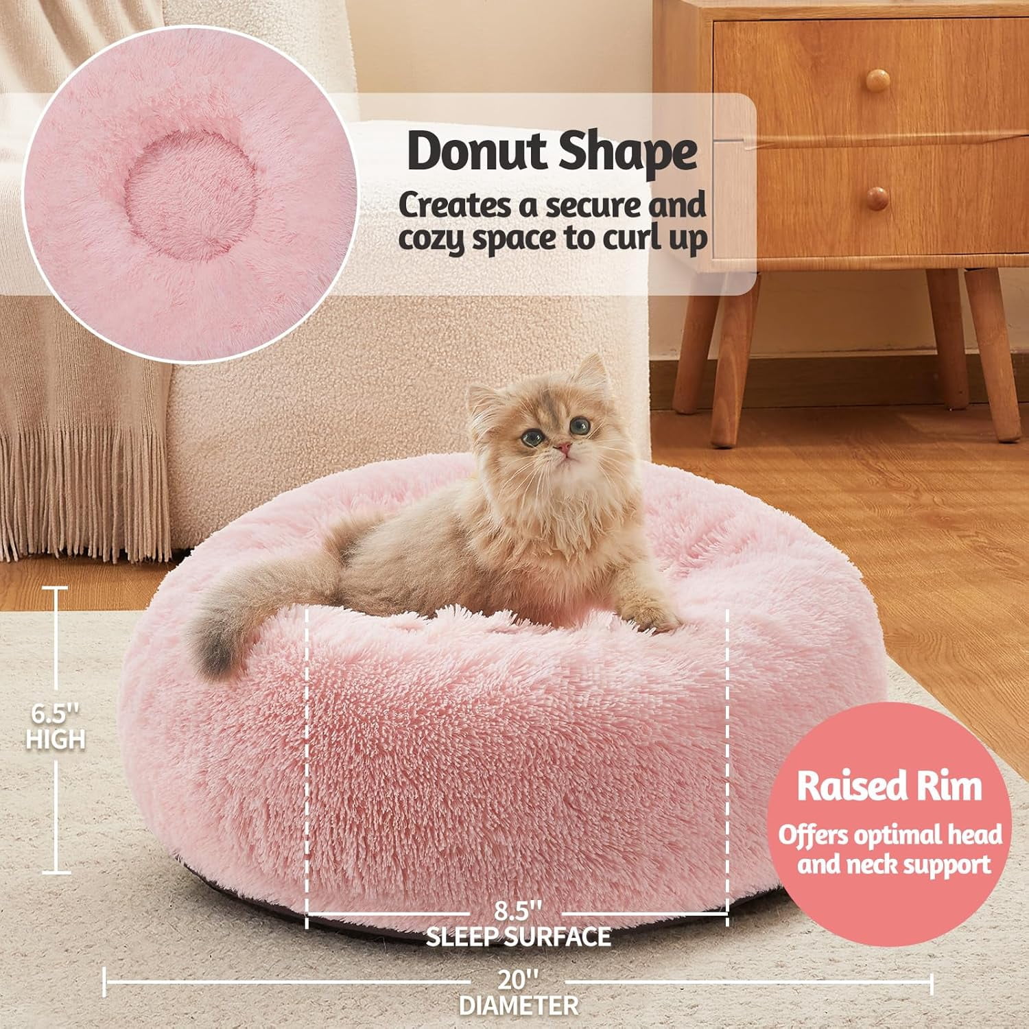 Calming Donut Cat Bed Pillow for Small Pets, Machine Washable Removable Cover, Comfort Plush Fluffy Faux Fur with Anti-Slip Bottom, Dogs-Friendly Round Cuddly Design, Pink, 20 inches