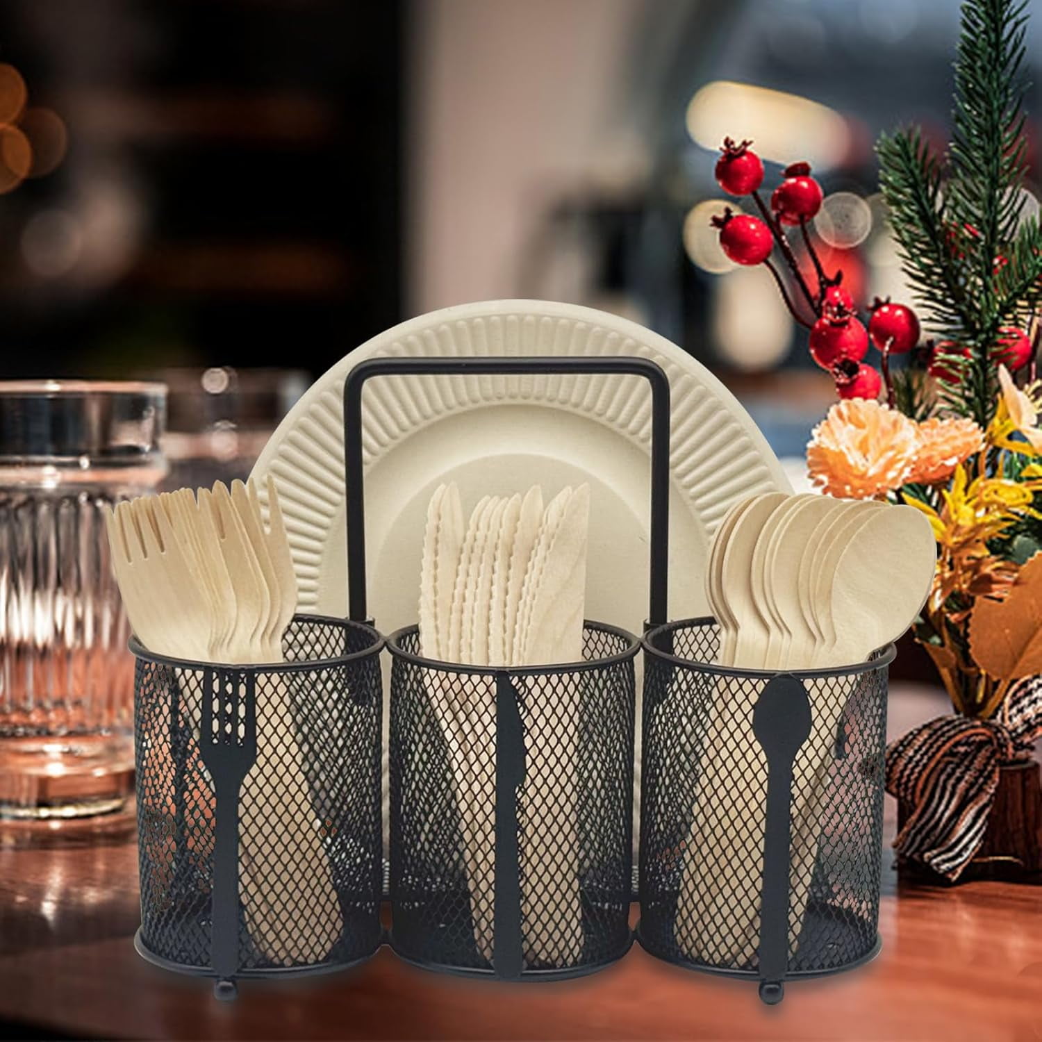 Utensil Caddy Silverware Holder - 4 Compartment Metal Mesh Cutlery Fork Spoon Napkin Plate Organizer Flatware Storage Basket Party Kitchen Countertop Buffet Picnic Camping Outdoor BBQ Silver